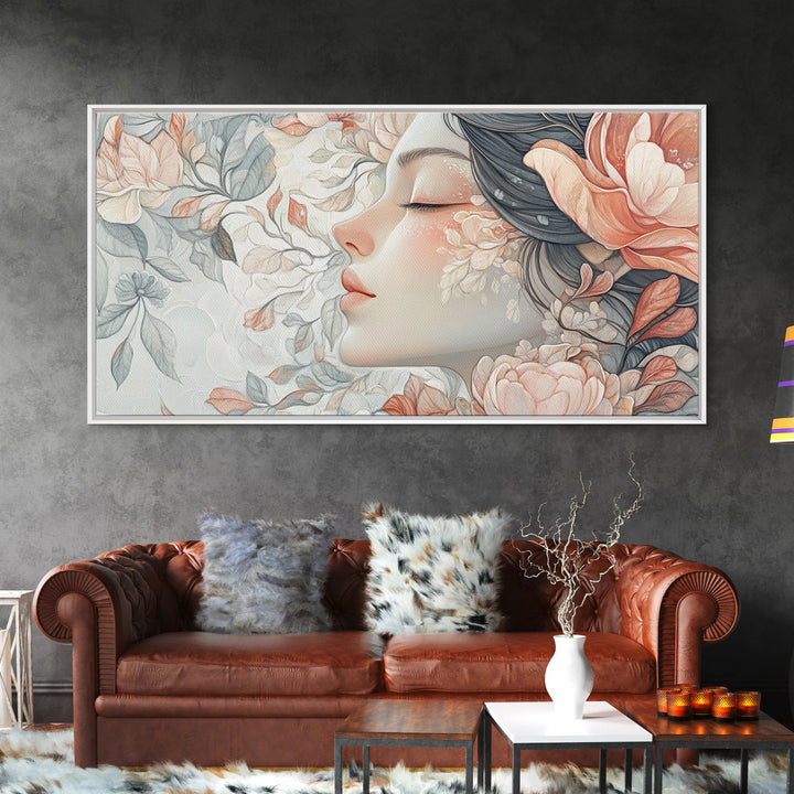 Dreamy Floral Goddess Framed Canvas Print with Light Pink Wall Art and Rose Painting Stunning Bedroom or Living Room Accent