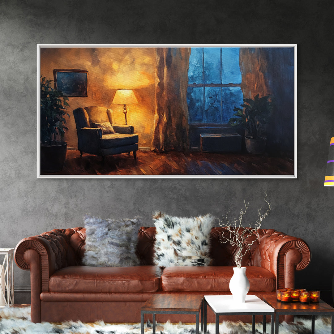 Cozy Armchair Framed Canvas Print, Rustic Living Room Art, Moody Interior Wall Art, Farmhouse Above Sofa Decor, Gift Idea For Him