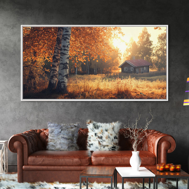 Cozy Autumn Cabin Framed Canvas Print with Fall Landscape Painting and Farmhouse Art Above Couch Art Living Room Rustic Decor