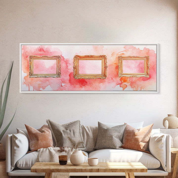 Decorative Frames Painting Canvas Print with Elegant Pink Abstract Background, Long Narrow Wall Art Perfect for Living Room Decor
