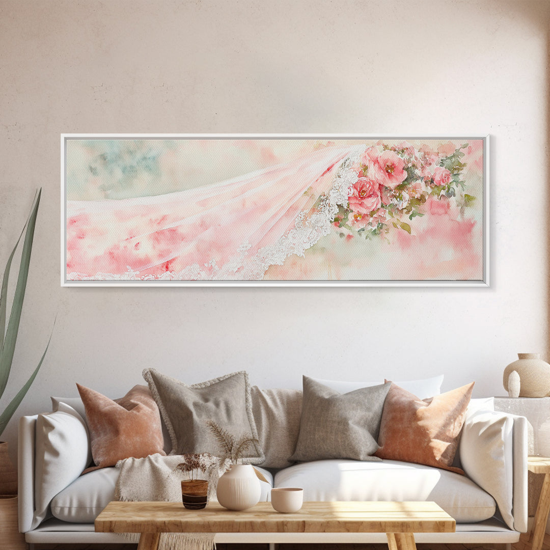 Romantic Rose Painting Canvas Print Featuring Bridal Lace, Botanical Prints Ideal Bedroom Art or Wedding Gift Idea