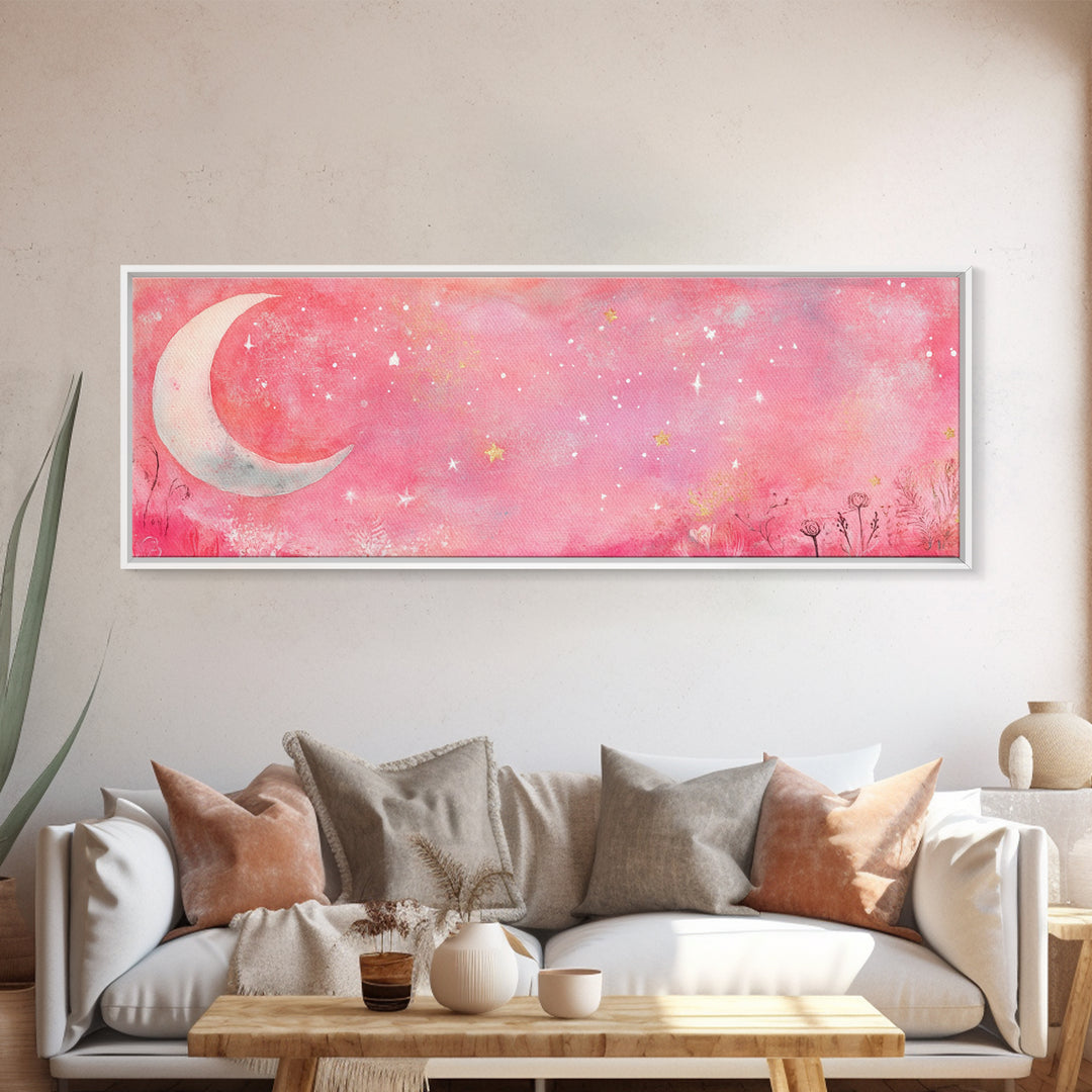 Crescent Moon Painting Canvas Print with Whimsical Starry Sky, Pink Wall Art for Living Room or Guest Room, Dreamy Decor