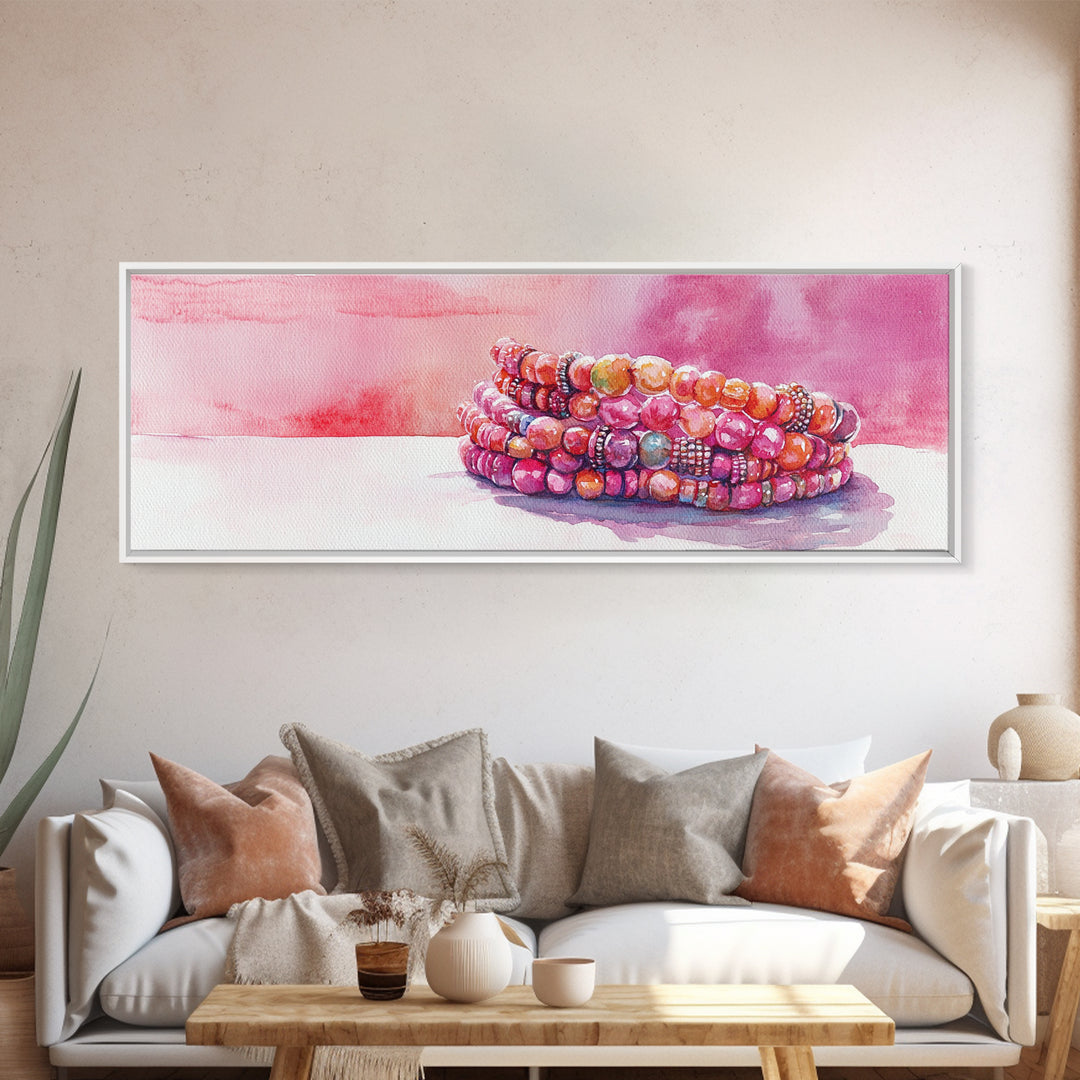 Beaded Bracelet Painting Canvas Print Featuring Whimsical Jewelry, Pink Orange Wall Art Ideal Bedroom or Dressing Room Art