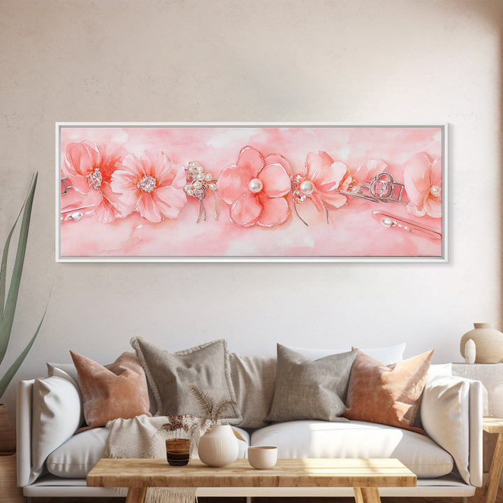 Cherry Blossom Canvas Print with Delicate Pearl Accents, Romantic Light Pink Wall Art for Bedroom or Coastal Wedding Decor