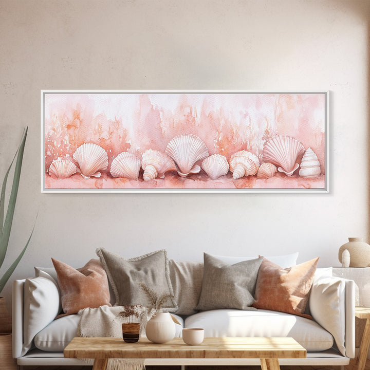 Coastal Shell Art Canvas Print Featuring Light Pink and Orange Pastel Hues, Beach House Decor, Nautical Wall Art for Living Room
