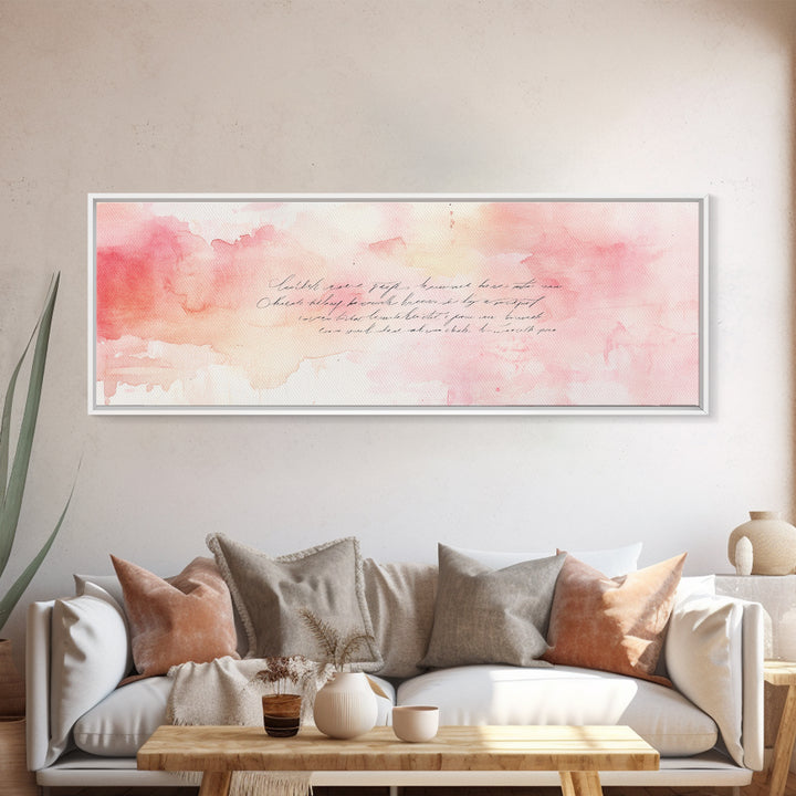 Romantic Calligraphy Canvas Print with Pink Abstract Art, Minimalist Wabi Sabi Aesthetic, Bedroom or Living Room Horizontal Wall Art