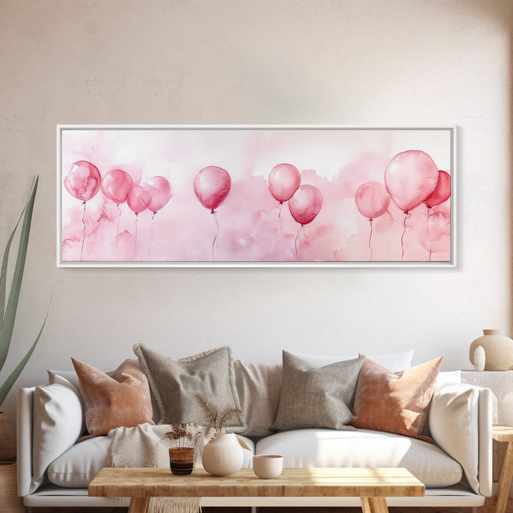 Balloon Painting Framed Canvas Print in Pastel Pink Hues, Whimsical Horizontal Artwork, Light Pink Wall Art for Living Room Decor
