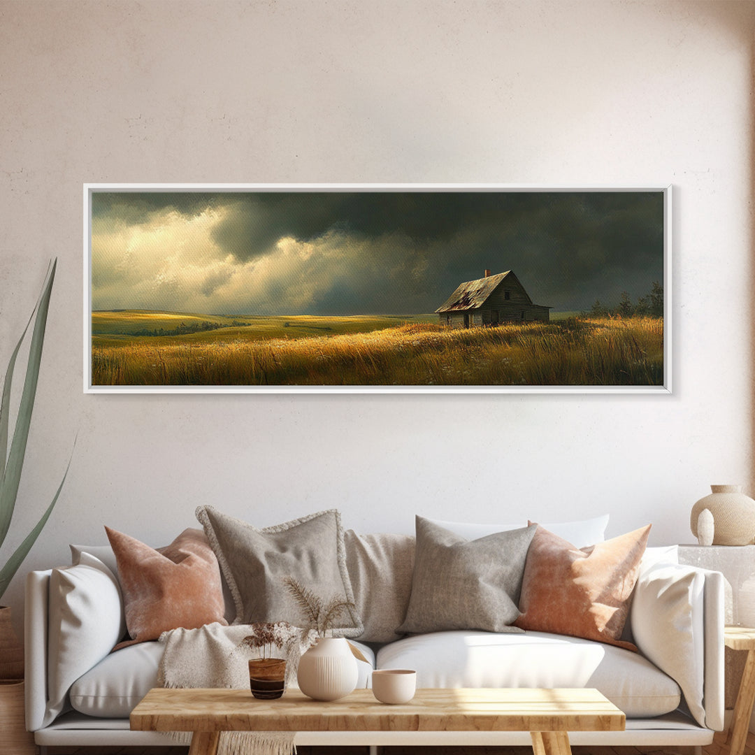 Abandoned Farmhouse Framed Canvas Print Rustic Landscape Art Smoky Mountain Painting Extra Wide Living Room Wall Autumn Decor