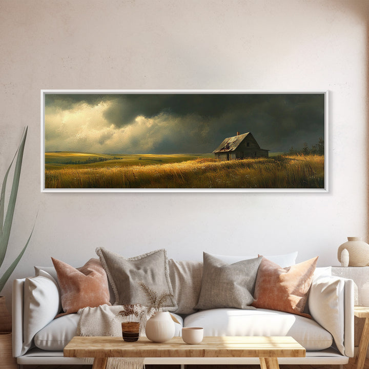 Abandoned Farmhouse Framed Canvas Print Rustic Landscape Art Smoky Mountain Painting Extra Wide Living Room Wall Autumn Decor