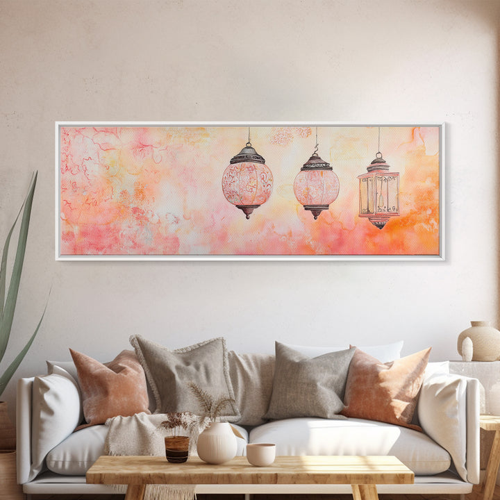 Moroccan Lanterns Canvas Print Pink Orange Wall Art Boho Decor Rustic Living Room Artwork Horizontal Farmhouse Style Gift Idea