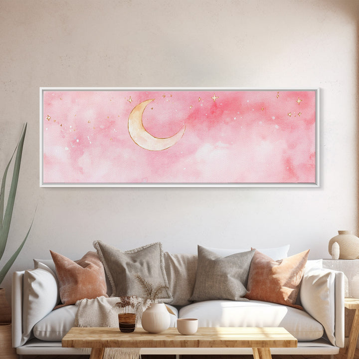 Crescent Moon Canvas Print Light Pink Wall Art Whimsical Night Sky Decor Bedroom Artwork Minimalist Boho Dreamy Gift Idea