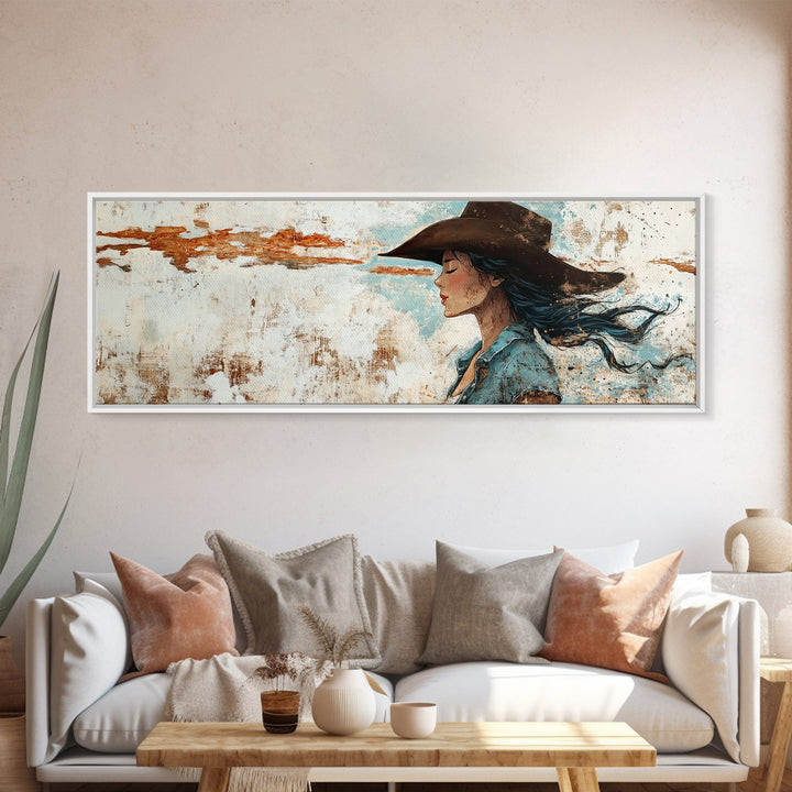 Blue Cowgirl Canvas Print Rustic Western Painting Farmhouse Art Wabi Sabi Artwork Guest Room Decor Extra Wide Wall Art