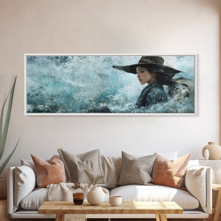 Ocean Cowgirl Canvas Print Coastal Landscape Art Rustic Boho Wall Art Nautical Decor Panoramic Artwork Bedroom Guest Room Decor