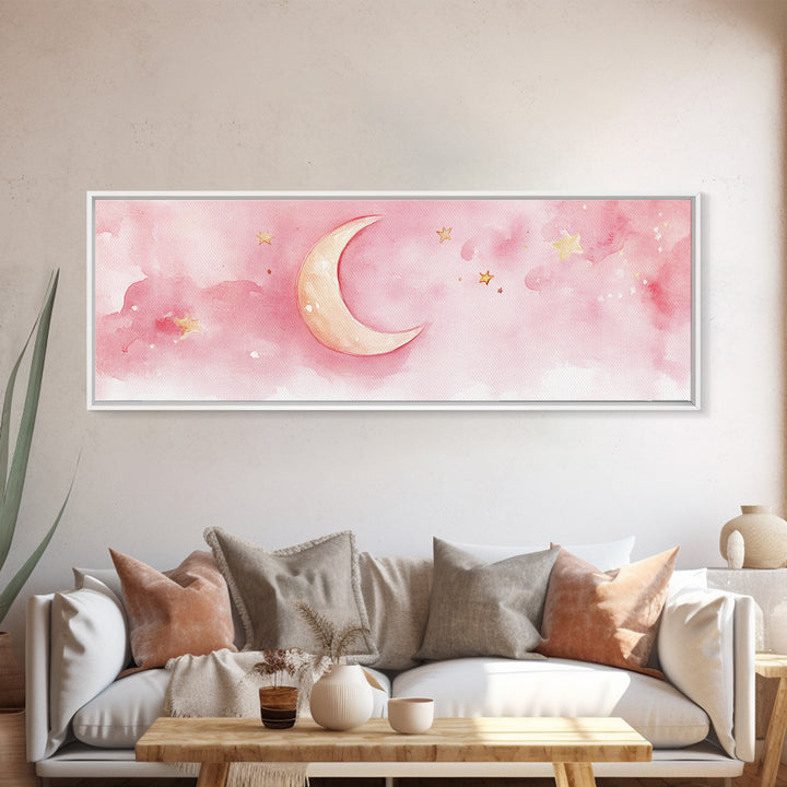 Crescent Moon with Stars Painting, Canvas Print, Light Pink Whimsical Wall Art, Nursery Aesthetic Artwork, Minimalist Cozy Decor