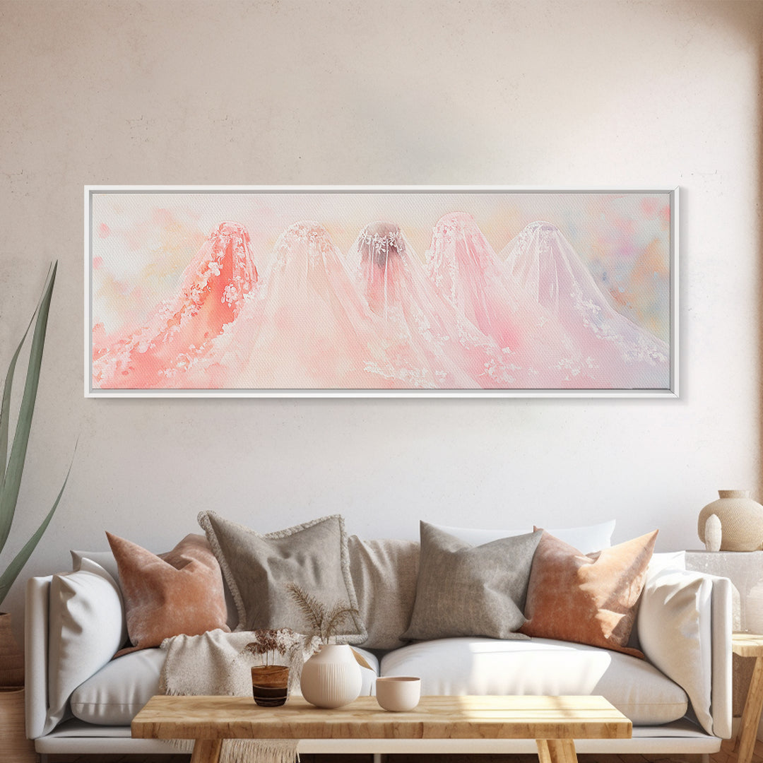 Bridal Veil Light Pink Wall Art Framed Canvas Print Horizontal Wedding Rustic Decor Extra Wide Artwork Bedroom Art