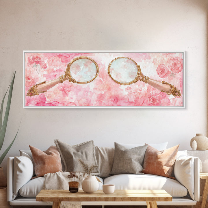 Antique Magnifying Glass Canvas Print, Rose Painting with Vintage Romantic Vibes, Rustic Farmhouse Wall Art, Guest Room Decor