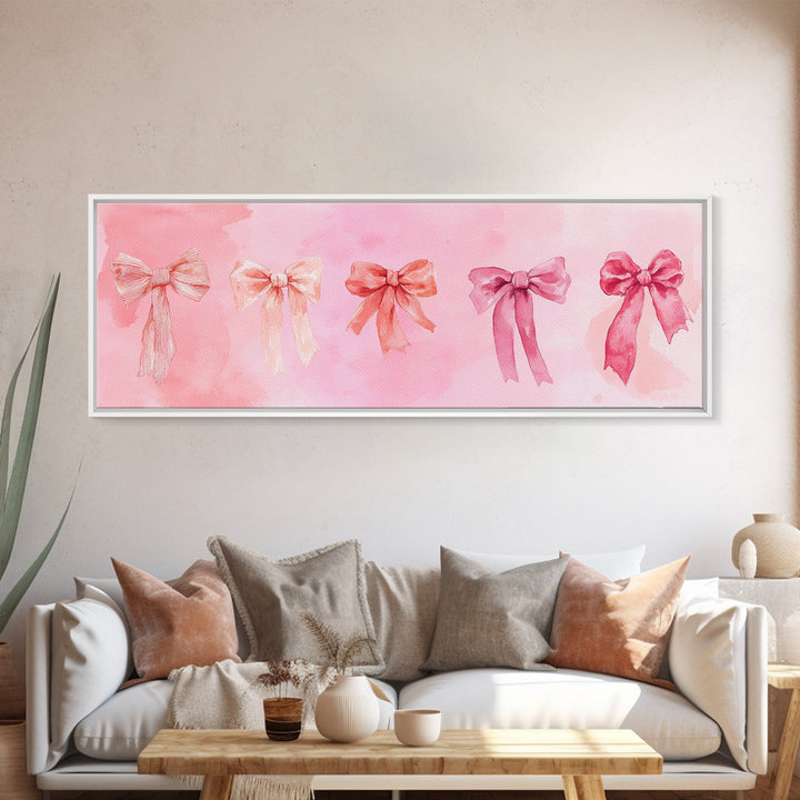 Ribbon Bow Canvas Print Light Pink Art Feminine Horizontal Wall Art Whimsical Artwork Living Room Wabi Sabi Decor Framed Print