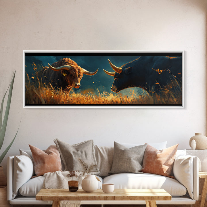 Rustic Bull Showdown Canvas Print - Dramatic Autumn Landscape Art, Industrial Wall Decor, Moody Living Room Accent, Gift Idea For Him