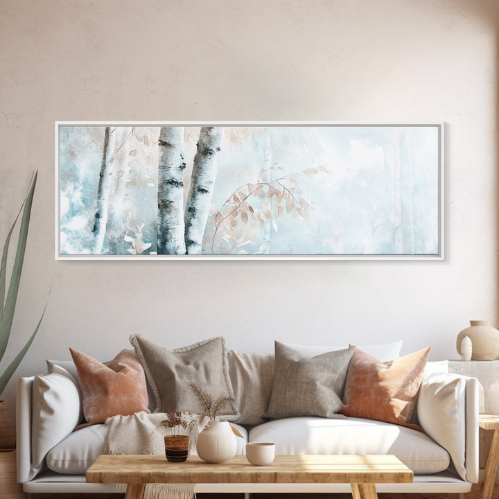 Birch Tree Art Framed Canvas Print, Neutral Landscape Painting Autumn Decor, Rustic Minimalist Wall Art Gift Idea Above Bed Design