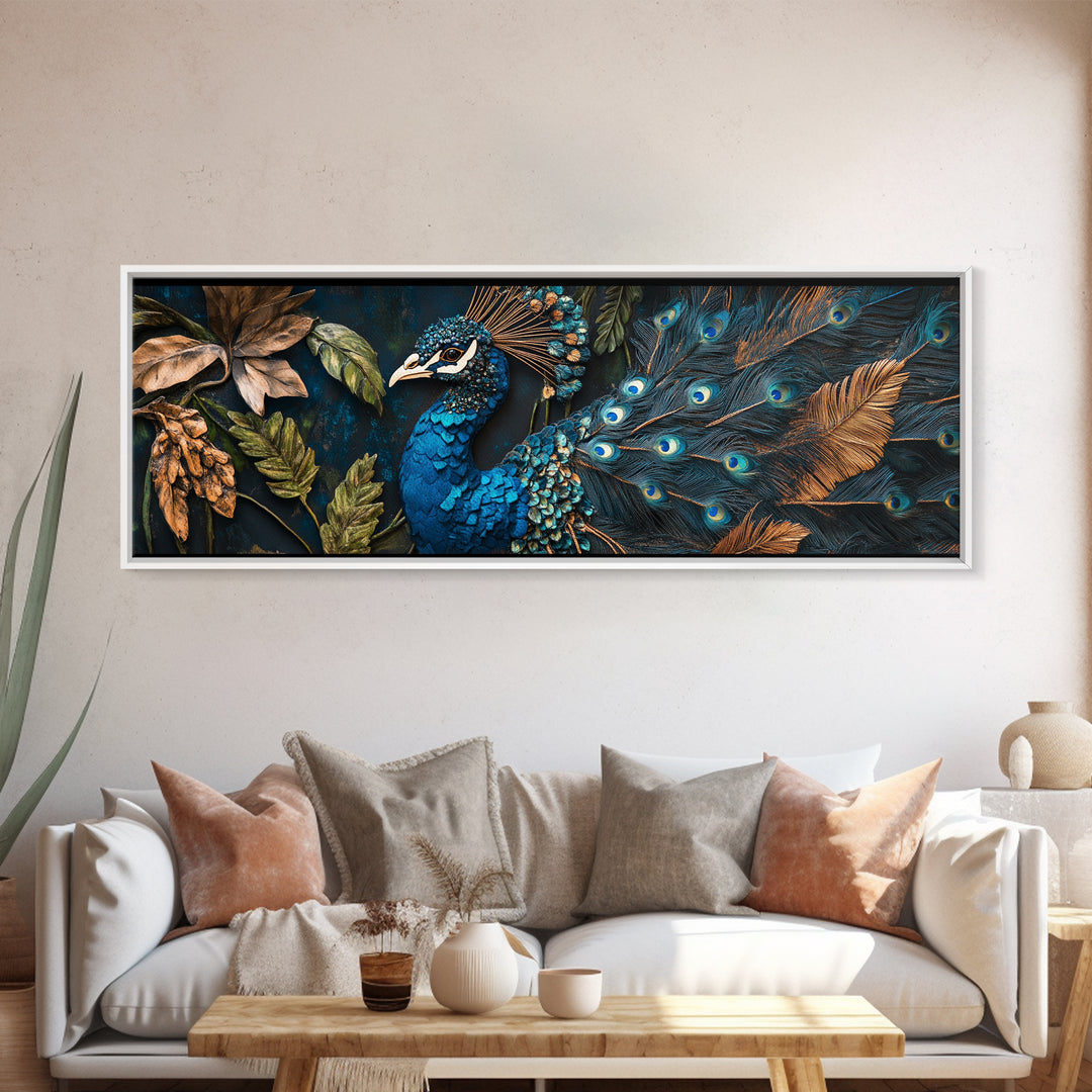 Blue Peacock Framed Canvas Print Chinoiserie Style Mosaic Wall Art Boho Rustic Decor Living Room Feature Art Print