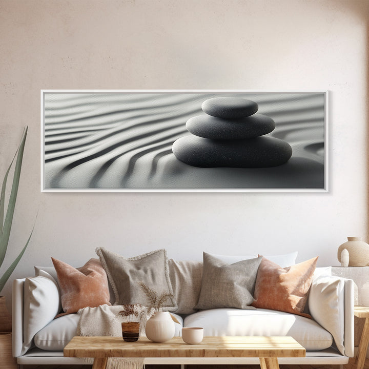 Coastal Harmony Framed Canvas Print Tranquil Pebbles Zen Reflection Nautical Decor Above Couch Living Room Wall Art