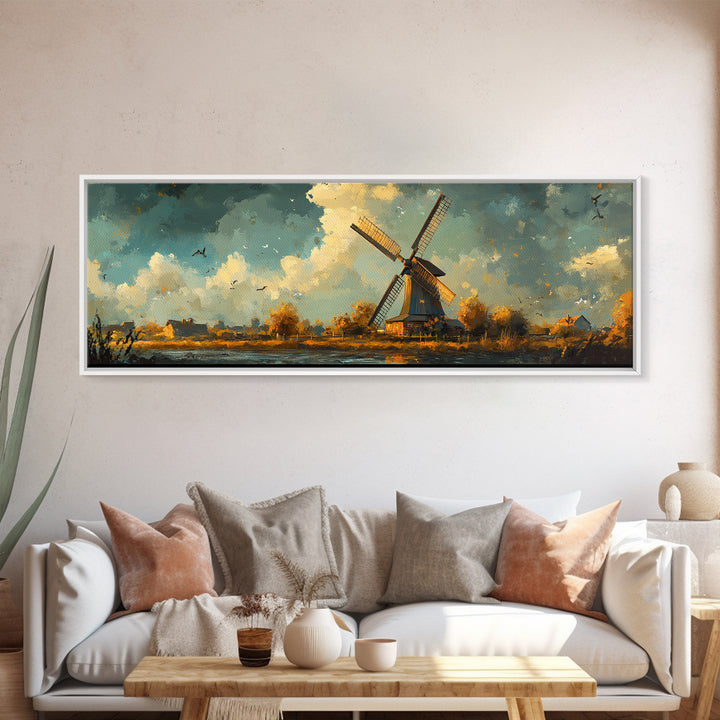 Autumn Windmill Scene Framed Canvas Print - Rustic Fall Farmhouse Art, Moody Living Room Wall Art, Horizontal Panoramic Decor Gift Idea