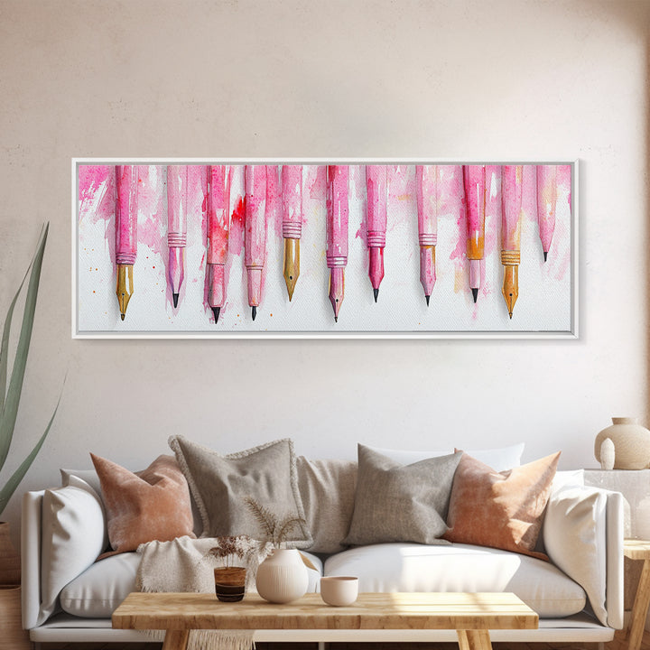 Abstract Pink Pens Framed Canvas Print - Whimsical Art, Light Pink Dorm Wall Decor, Vertical Art Gift Idea, Unique Living Room Canvas Print