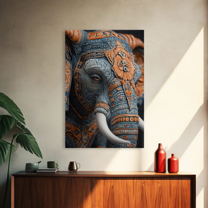 Detailed Elephant Face Framed Canvas Print – Kerala Mural Art, Sacred Geometry Decor, Ganesh Wall Art Rustic Boho Inspired Room Decor
