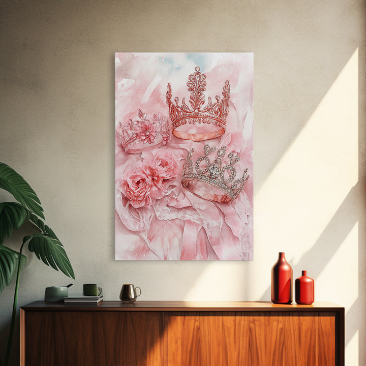 Elegant watercolor crowns and roses painting, framed canvas print, rose painting, goddess art print, chic pink wall art for living room