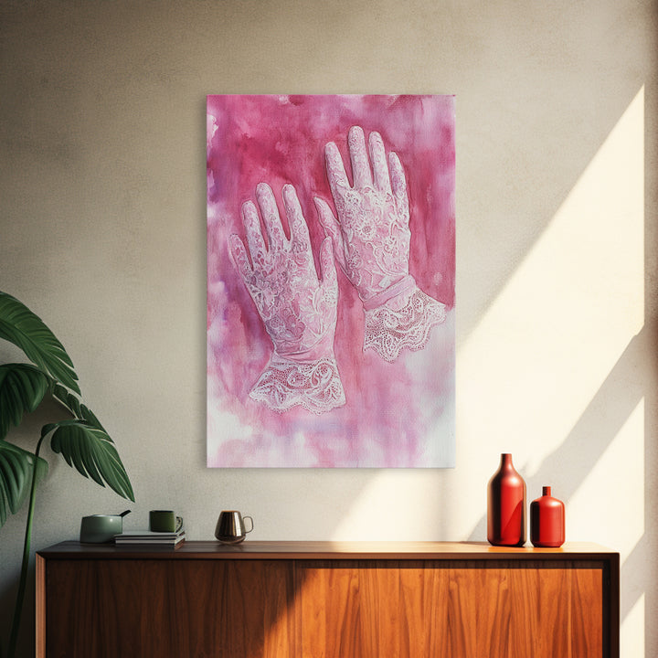 Light Pink Wall Art Canvas Print, Delicate Lace Gloves Illustration, Victorian-Inspired Art, Rustic Decor Bedroom Guest Room Gift