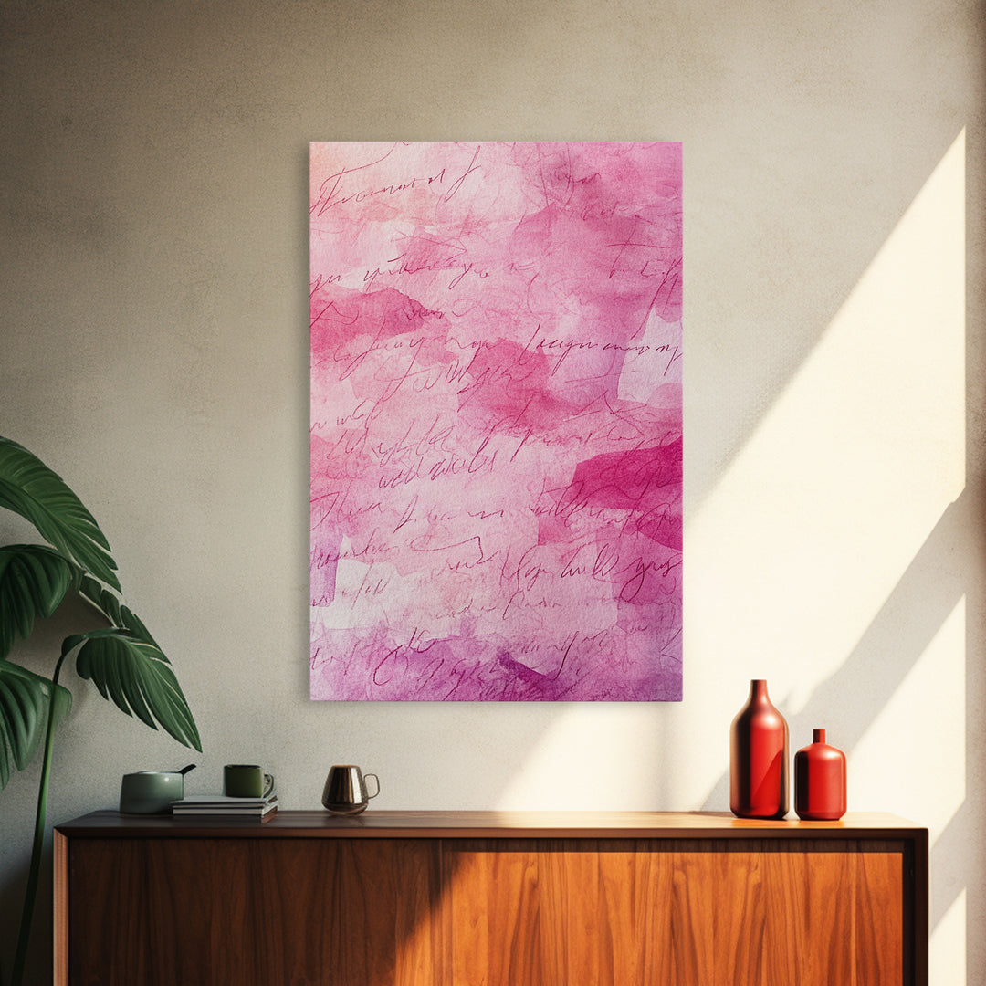 Calligraphy Pink Abstract Framed Canvas Print, Light Pink Wall Art, Romantic Handwriting Aesthetic, Minimalist Art Bedroom or Office Decor