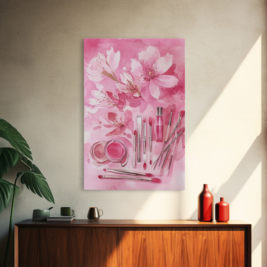 Cherry Blossom Canvas Print Featuring Makeup and Brush Theme Perfect Whimsical and Light Pink Wall Art Bedroom or Bathroom Decor