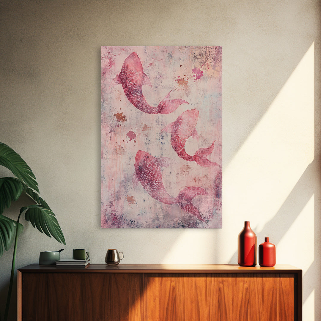 Artistic koi fish painting with framed canvas print, pink abstract art, light pink wall art, gift idea, moody art above bed decor