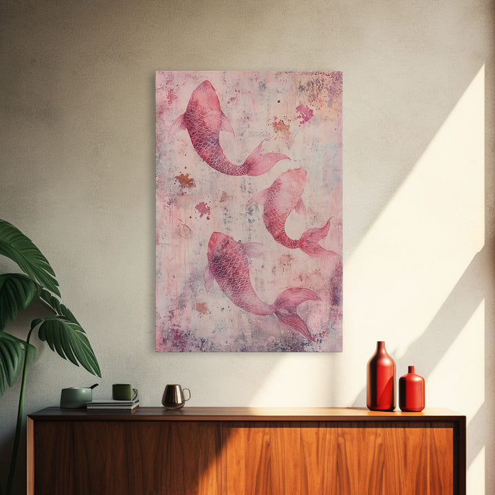 Artistic koi fish painting with framed canvas print, pink abstract art, light pink wall art, gift idea, moody art above bed decor