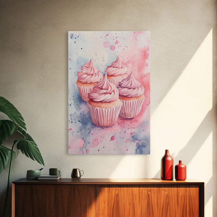 Pink frosted cupcake painting on framed canvas print, whimsical art, food review kitchen art, living room art, guest room decor
