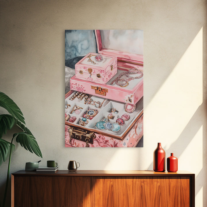 Romantic Jewelry Display Canvas Print Pink Wall Art Whimsical Decor Light Pink Dorm Art Bedroom Gift Idea Coastal Cowgirl Art