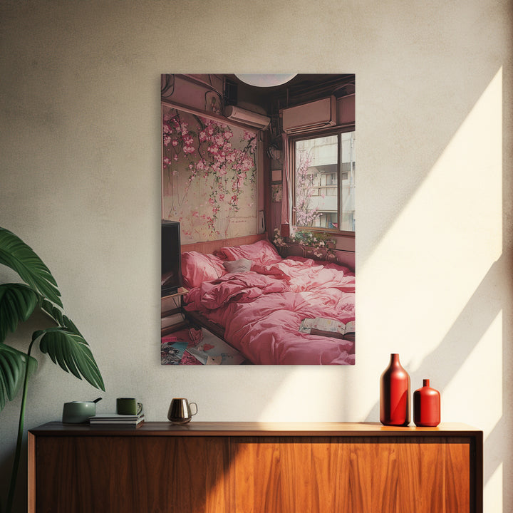 Cherry Blossom Dream Framed Canvas Print Light Pink Japanese Inspired Bedroom Art Cozy Home Floral Wall Decor Feminine Artwork Gift