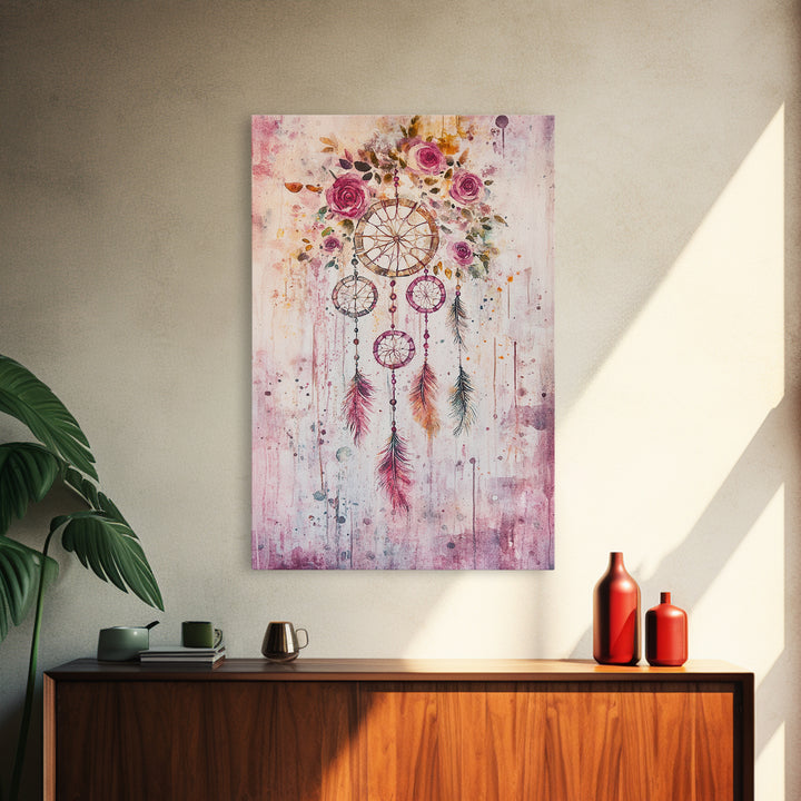 Dreamcatcher with Roses Framed Canvas Print Boho Bedroom Art Botanical Prints Pink Wall Art Light Pink Home Decor Wildflower Painting