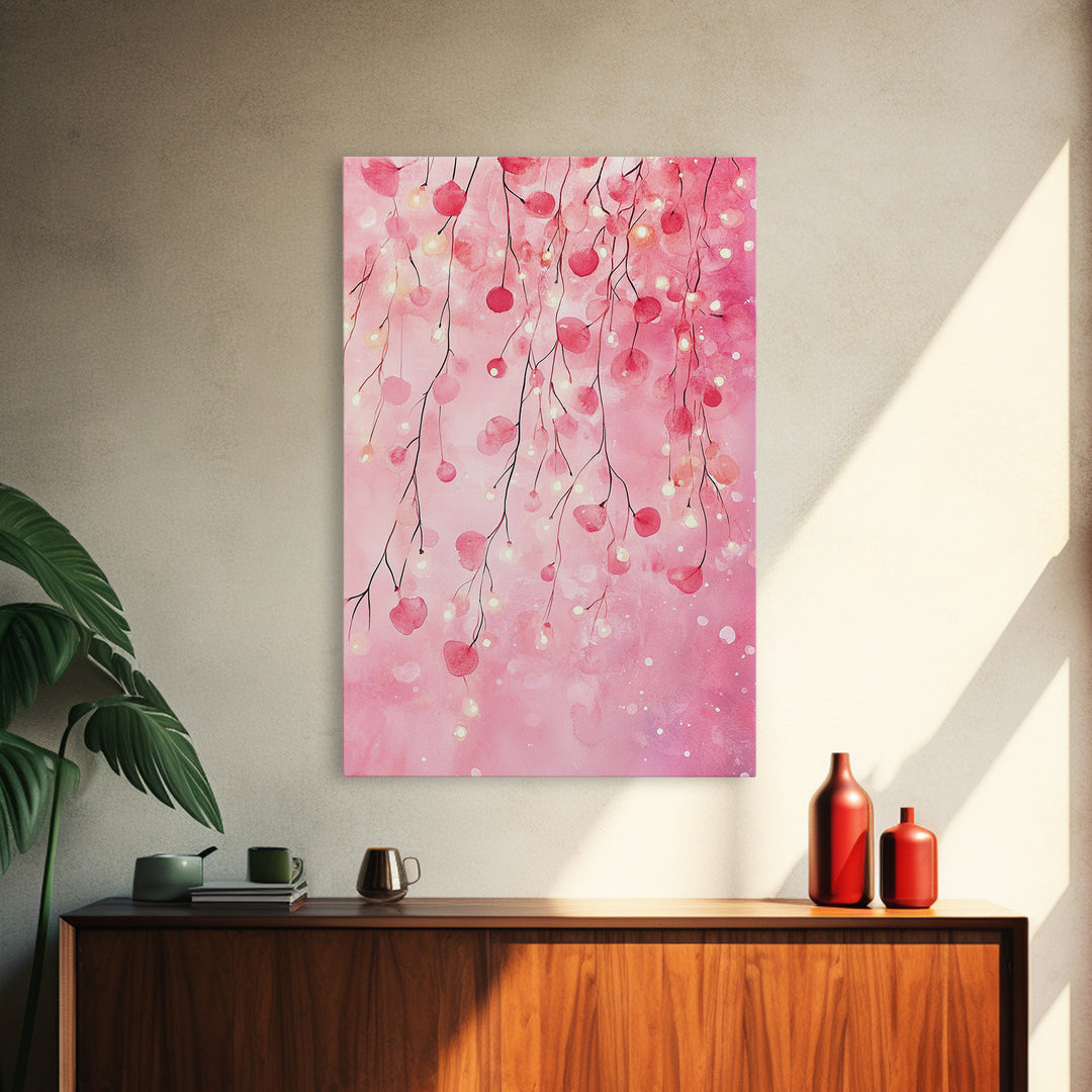 Cherry Blossom Lights Canvas Print Romantic Bedroom Art Cherry Wall Art Light Pink Wall Art Living Room Art Boho Home Decor
