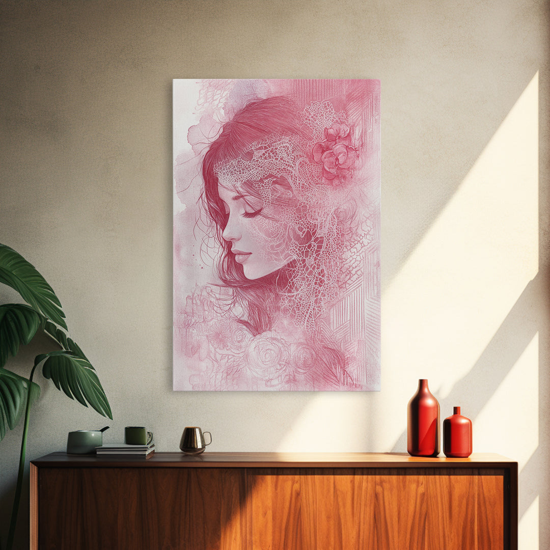 Romantic Portrait Framed Canvas Print Featuring Angels Wall Art Pink Abstract Art Elegant Bedroom Living Room Boho Aesthetic