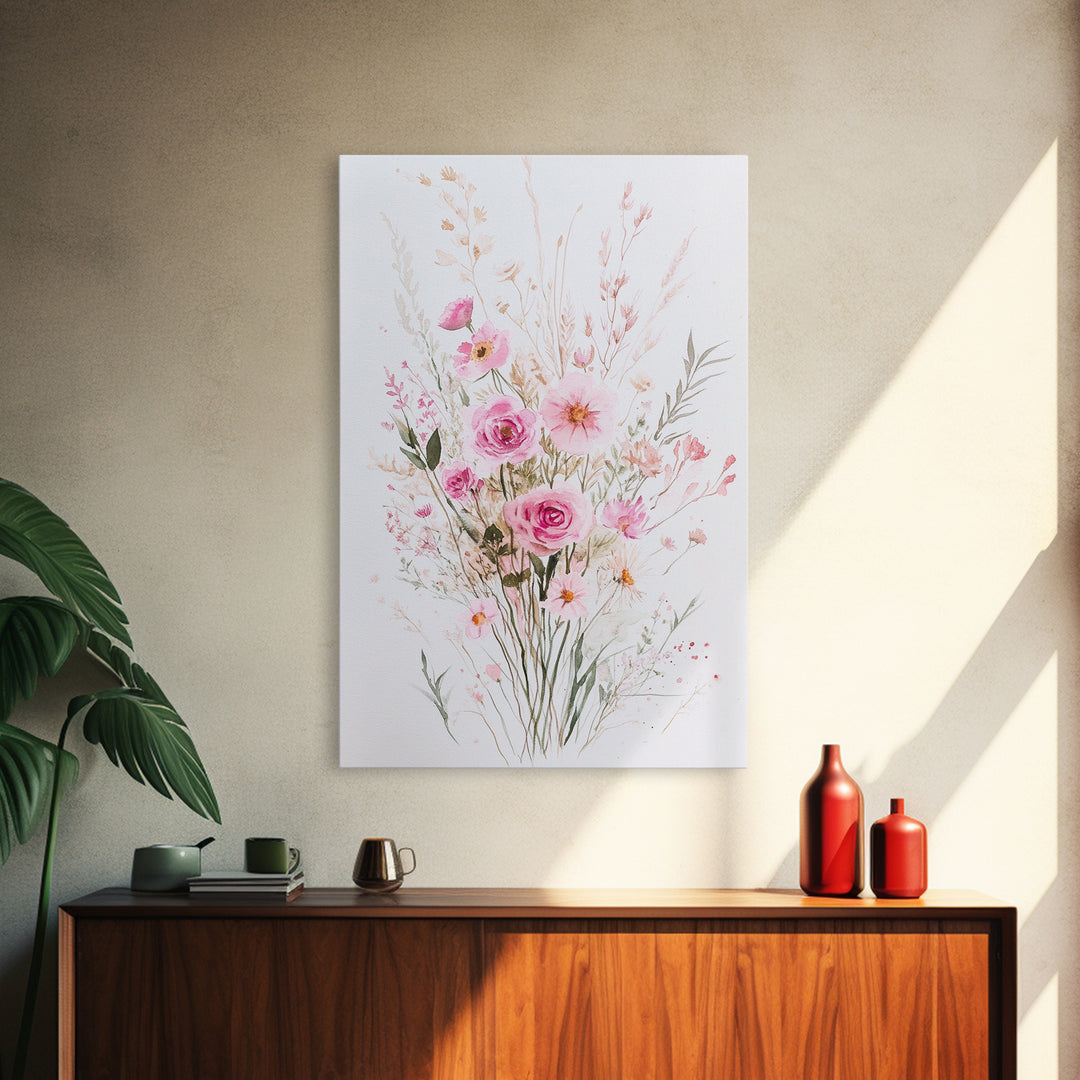 Elegant Pink Bouquet Framed Canvas Print Featuring Wildflower Painting Light Pink Wall Art Cottagecore Aesthetic Farmhouse Artwork