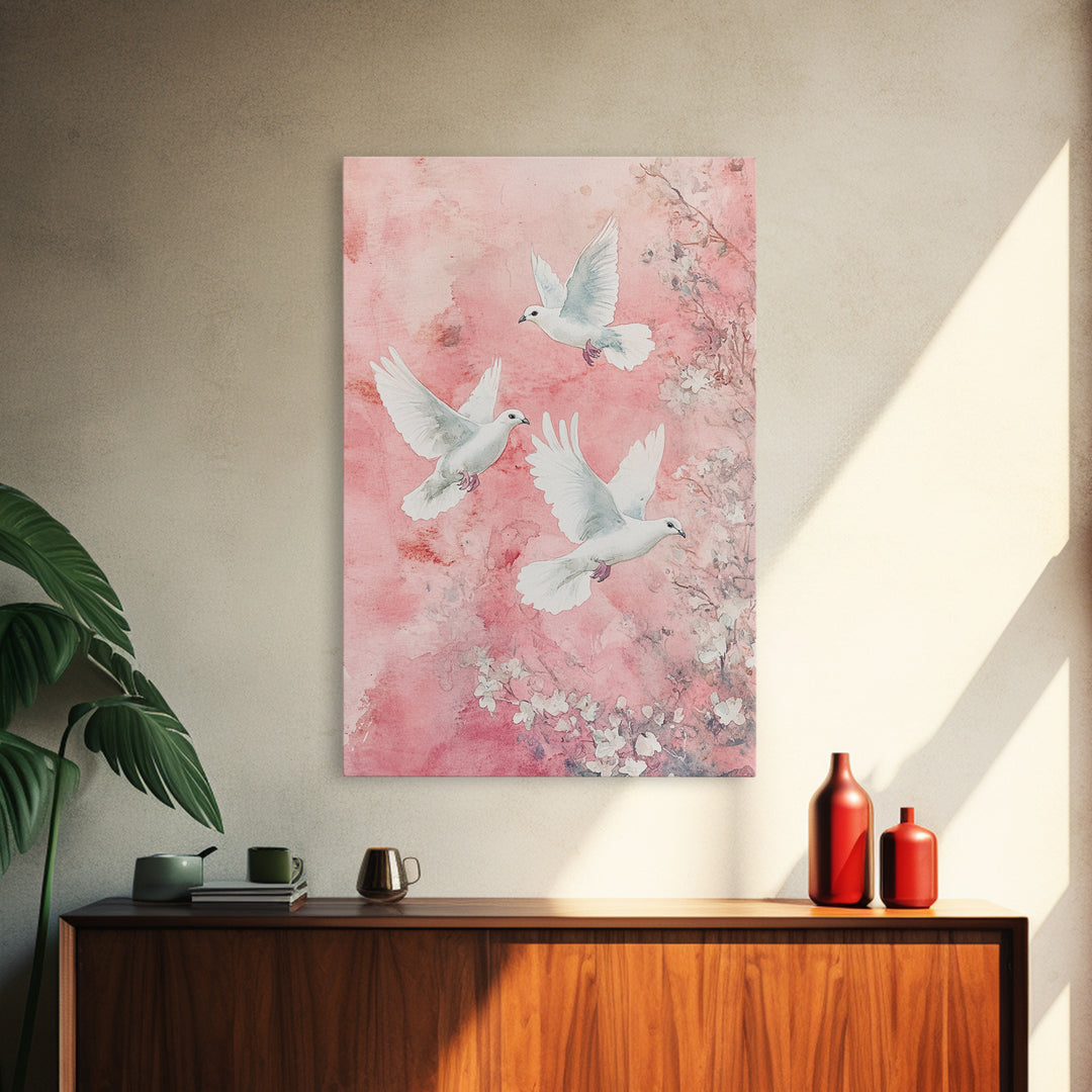 Cherry Blossom Art with Peaceful Doves Framed Canvas Print, Angelic Bird Art Pink Decor, Whimsical Bedroom or Living Room Gift