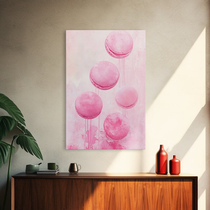 Cute pink macarons whimsical kitchen framed canvas print food review dessert art playful pastel decor cozy gift idea fun wall art