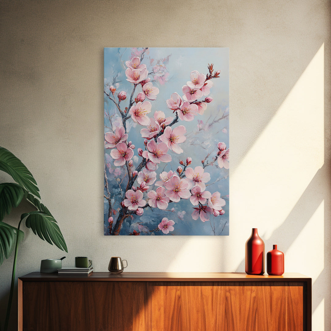 Cherry Blossom Painting Framed Canvas Print | Japanese Sakura Wall Art | Light Pink Wall Art Above Sofa Decor | Floral Nature Print