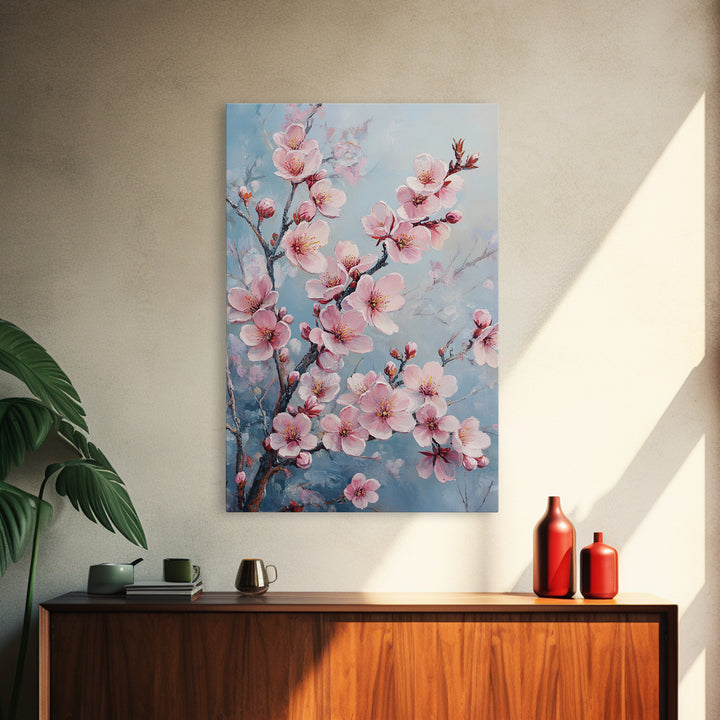 Cherry Blossom Painting Framed Canvas Print | Japanese Sakura Wall Art | Light Pink Wall Art Above Sofa Decor | Floral Nature Print