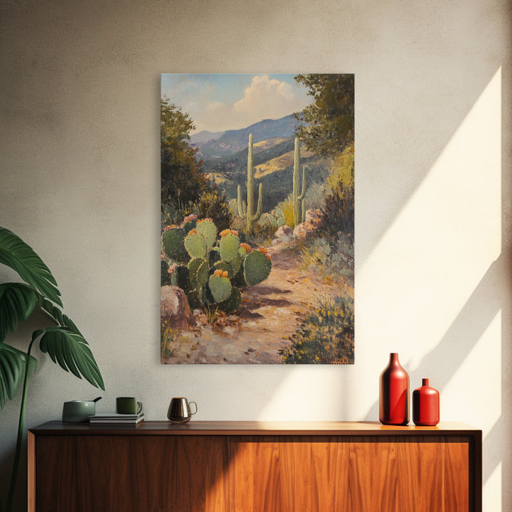 Cactus Bloom Framed Canvas Print Rustic Wall Art Living Room Decor Farmhouse Wall Art Original Painting Gift Idea Landscape Art