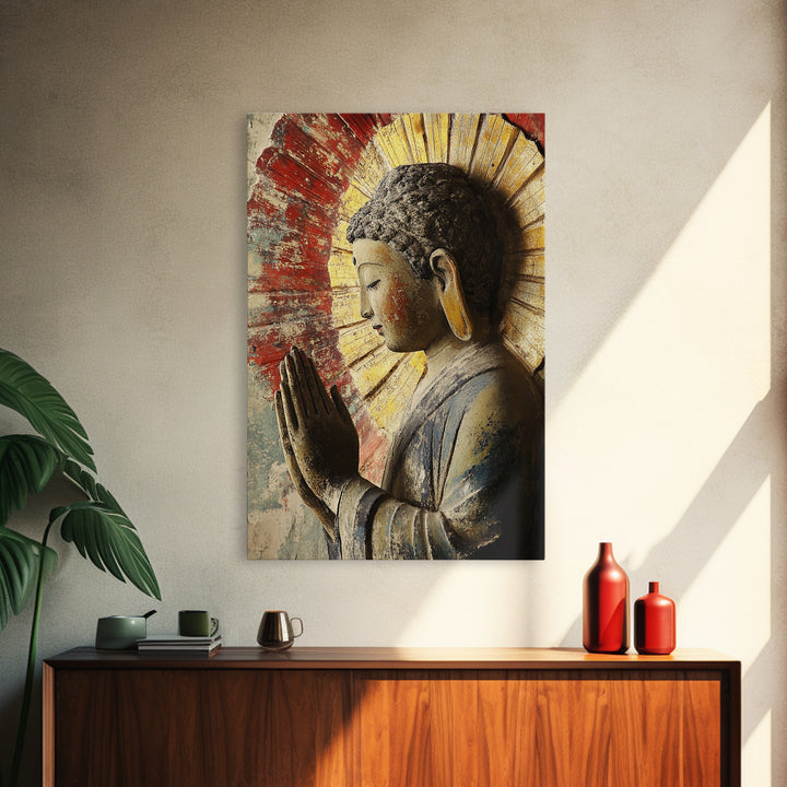 Buddha Prayer Sculpture Framed Canvas Print Zen Wall Art Rustic Decor Sacred Geometry Wall Art Therapy Art Living Room Art Buddha Art