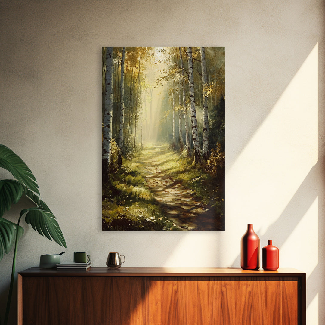 Birch Forest Path Framed Canvas Print Rustic Wall Art Farmhouse Wall Art Nature Landscape Art Above Bed Wall Art Fall Decor Living Room Art