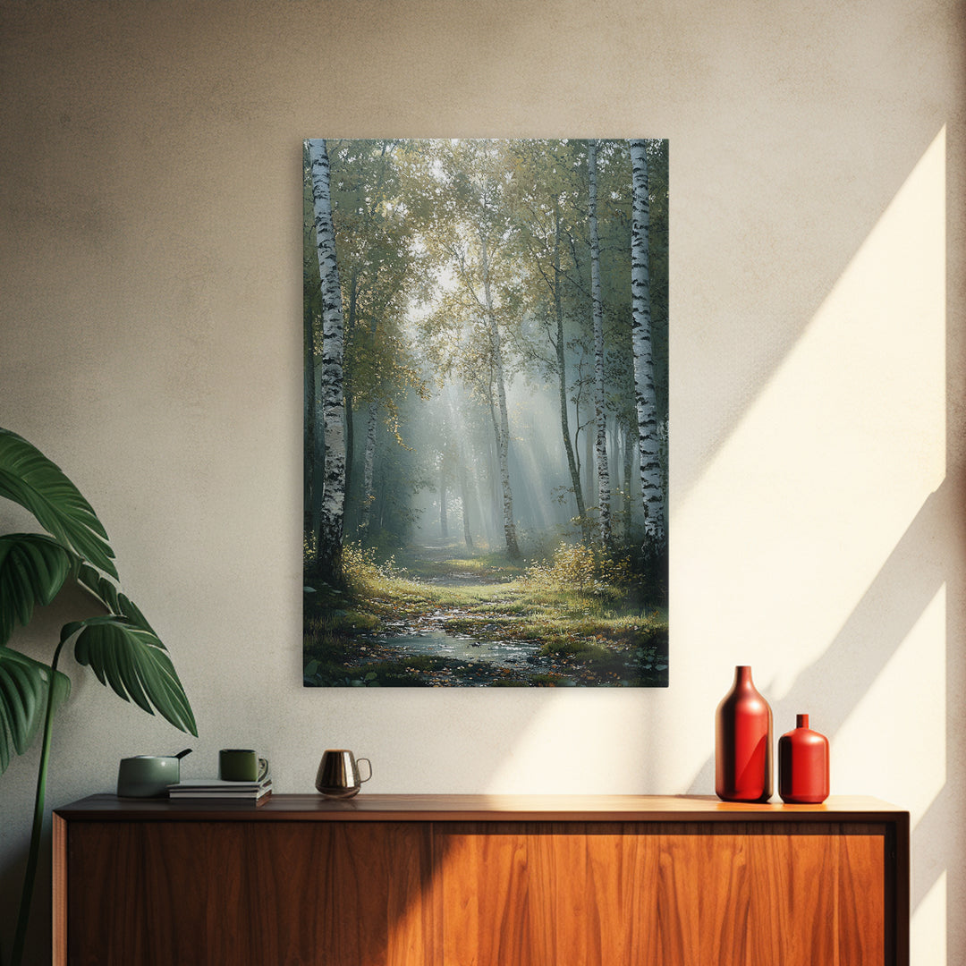 Birch Tree Painting Framed Canvas Print Rustic Wall Art Nature Landscape Gift Living Room Decor Tall Vertical Art for Home
