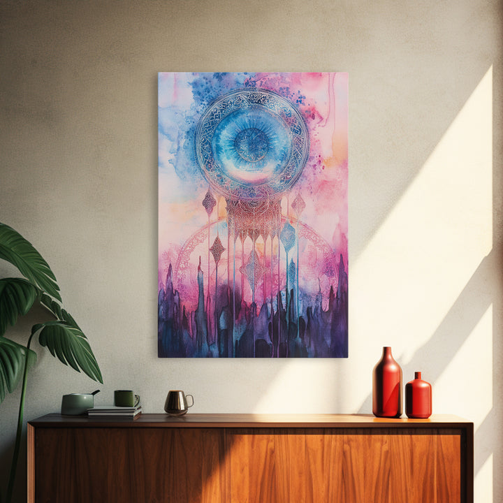Mystic Sacred Geometry Framed Canvas Print with Bahai Art Elements and Vibrant Pink Blue Abstract, Boho Home Wall Decor